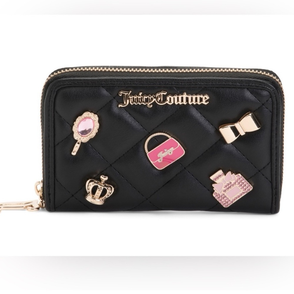 Juicy Couture Black Quilted Wallet with Gold and Pink Charms